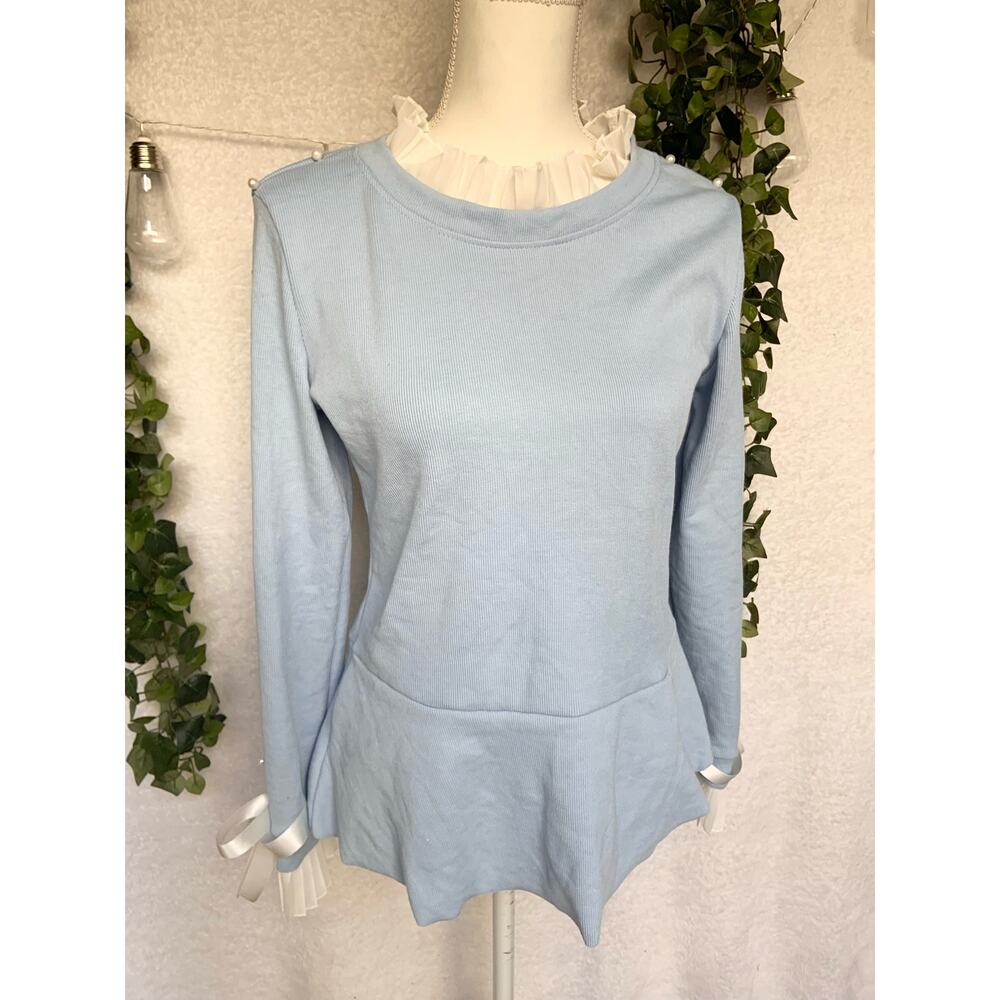 NWT CBR Blue Ruffled Collar Beaded with Bows Long Sleeved Blouse Women's Large - Picture 4 of 11